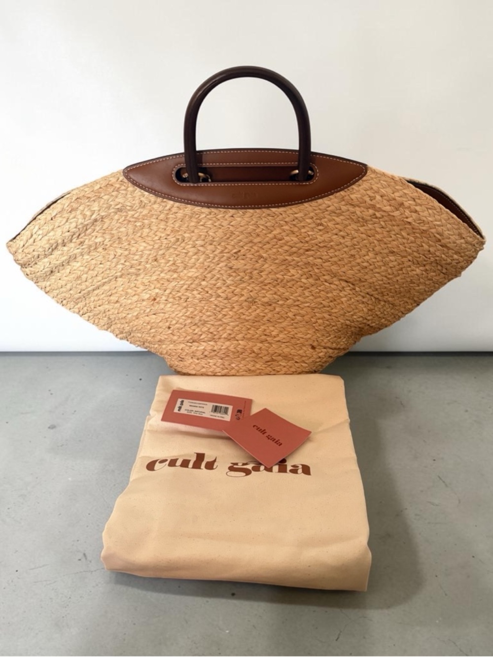Cult Gaia raffia Wanda Tote with Brown Leather Handles. NWT